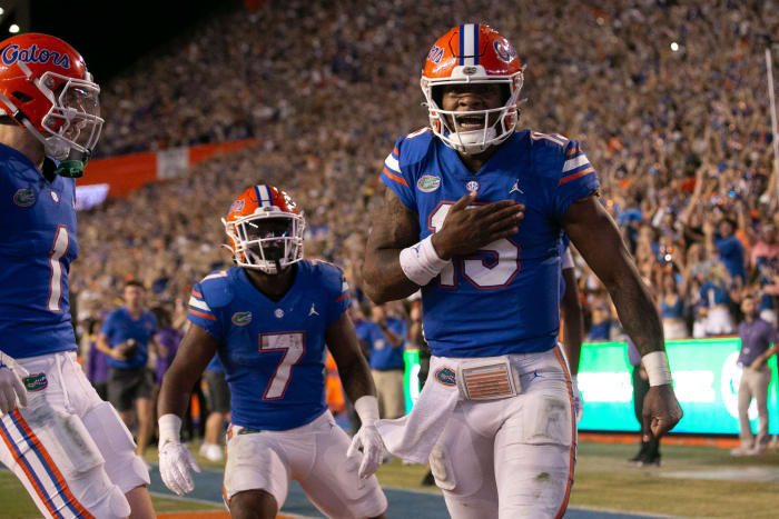 Florida Gators quarterback Anthony Richardson celebrates with his hand over his chest